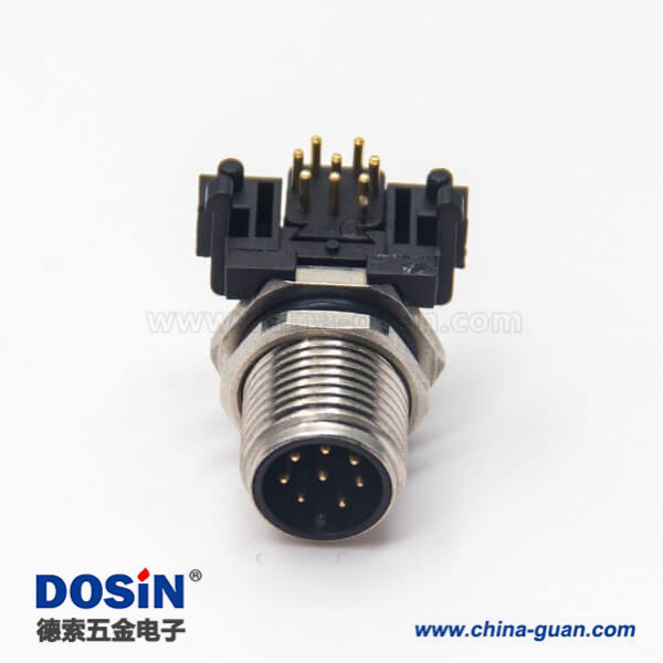 m12 8芯公头连接器插座弯式插PCB板螺纹前锁板防水传感器 m12 8芯公头连接器插座弯式插PCB板螺纹前锁板防水传感器