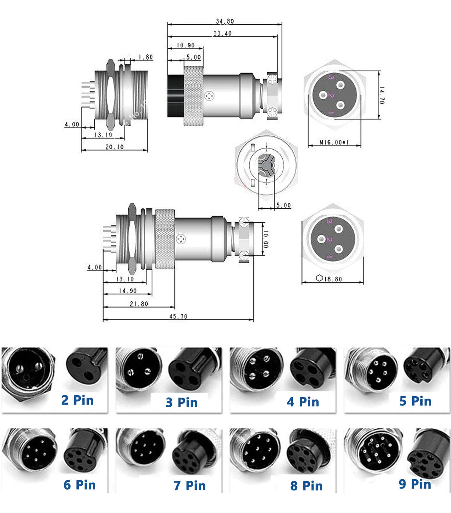 GX16-5芯常规公头带线航空电缆延长线1M定制